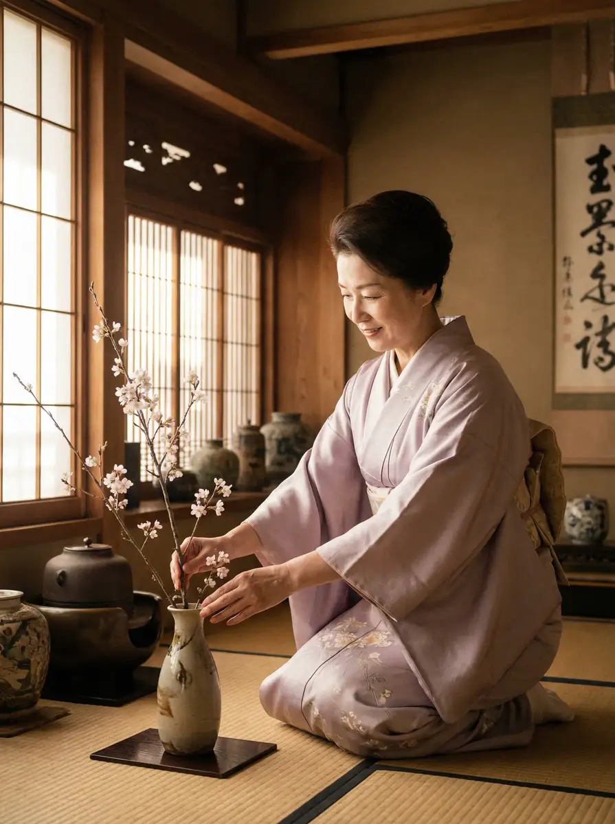 一位优雅的 小欣奈 在和室中插花
